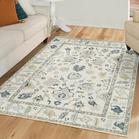 Luria Rugs Machine Washable 6'6" x 9' Non-Slip Large Area Rug for Living Room, Bedroom, Dining Room, Playroom - Oushak Vintage, Aria Collection - White/Green/Blue