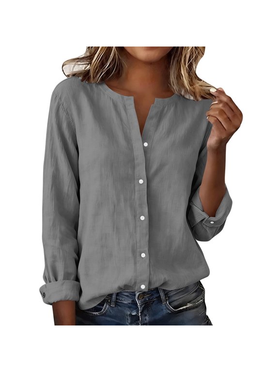 Tops for Women Lightweight Rolled Sleeve T Shirts Button Down Henley Shirts Loose Casual Clothes for Daily Wear(Gray,Large)