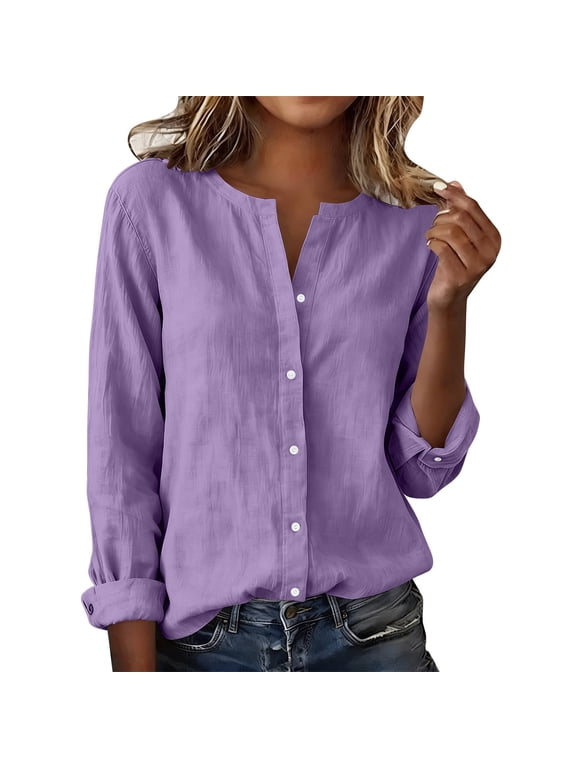 Tops for Women Lightweight Rolled Sleeve T Shirts Button Down Henley Shirts Loose Casual Clothes for Daily Wear(Purple,Large)