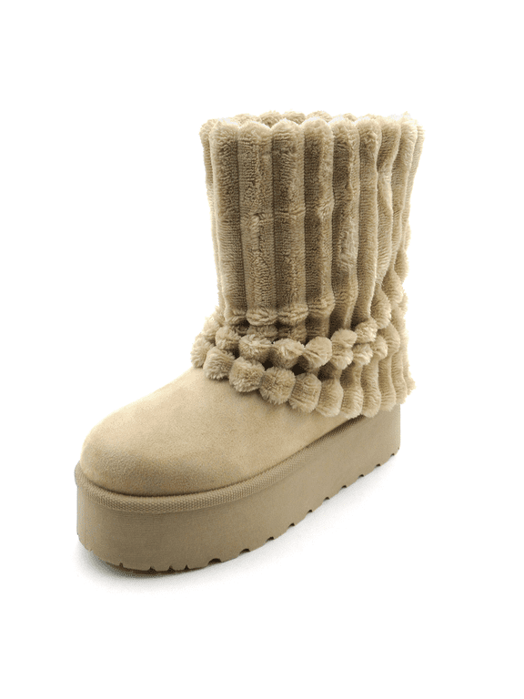 Women Winter Fuzzy Boots Faux Fur Lined 2 inch Sole Calf High