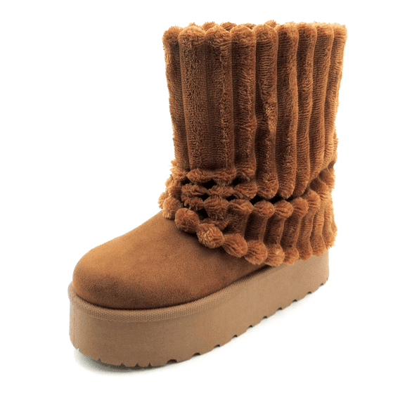 Lurnyet Women Winter Fuzzy Boots Faux Fur Lined 2 inch Sole Calf High