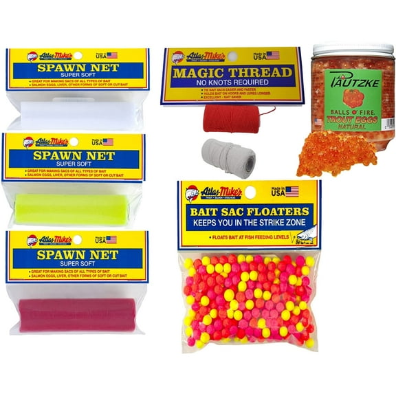 Lurwind Salmon Trout Fishing Build Your Own Spawn Sac Kit Bundle - Includes Atlas Mike's Magic Thread, Assorted Bait Sac Floaters, and Natural Trout Eggs - Includes I'd Rather Be Fishing Sticker