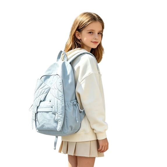 Lusa Cute Solid Color Backpack for Students Trendy 3D Wing Design Large Capacity Lightweight Schoolbag Fall Back to School Season Casual Versatile Double Shoulder Bookbag Light Blue One Size