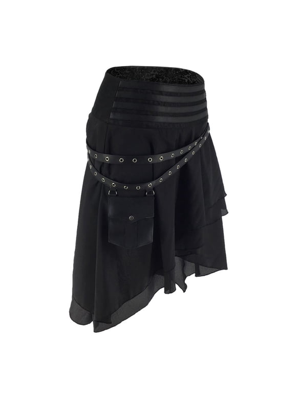 Ethnic Dance Midi Skirts for Women Summer Plus Size Stripe High Waist Retro Gothic Skirt Fashionable Elastic Waist Asymmetrical Flowy Ruffle Hem Casual Skirts with Pocket Black S