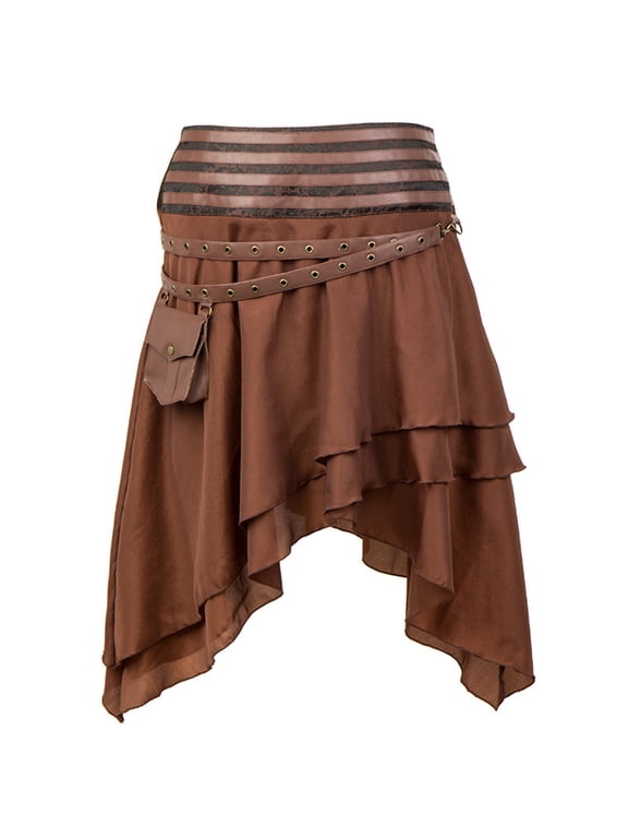 Ethnic Dance Midi Skirts for Women Summer Plus Size Stripe High Waist Retro Gothic Skirt Fashionable Elastic Waist Asymmetrical Flowy Ruffle Hem Casual Skirts with Pocket Brown XL