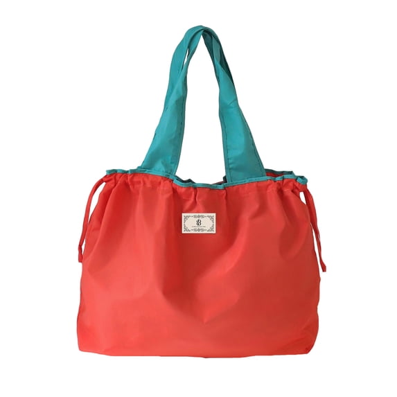 Lusa Foldable Tote Bag Fashion Color-Block Pull the Rope Closure Handbags Collapsible Packable Reusable Large Grocery Shopping Bags with Handles and Strap Casual Daily Use Orange Medium