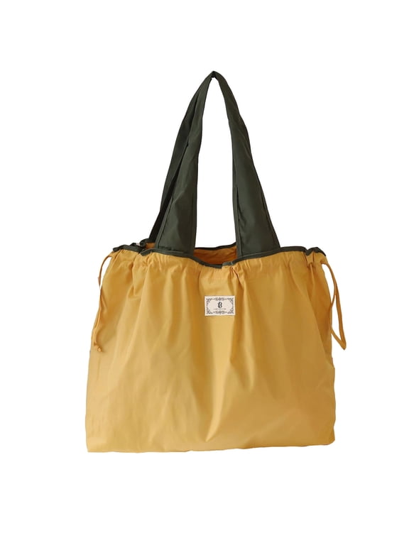 Foldable Tote Bag Fashion Color-Block Pull the Rope Closure Handbags Collapsible Packable Reusable Large Grocery Shopping Bags with Handles and Strap Casual Daily Use Yellow Large Size