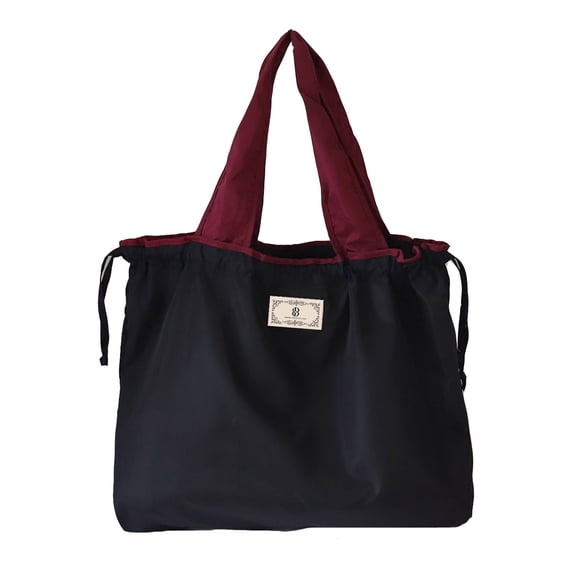 Lusa Foldable Tote Bag Fashion Color-Block Pull the Rope Closure Handbags Collapsible Packable Reusable Large Grocery Shopping Bags with Handles and Strap Casual Daily Use Black Medium