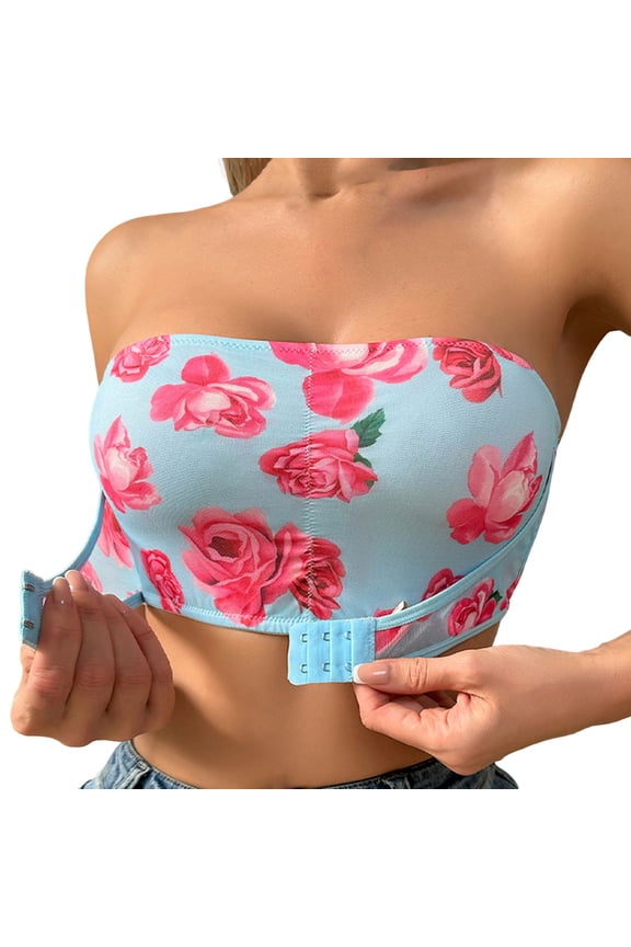 Front Closure Strapless Bra for Women No Underwire Unpadded Floral Print Bandeau Bras for Wedding Season Comfort Breathable Stretch Bralettes Everyday Wear Blue XL