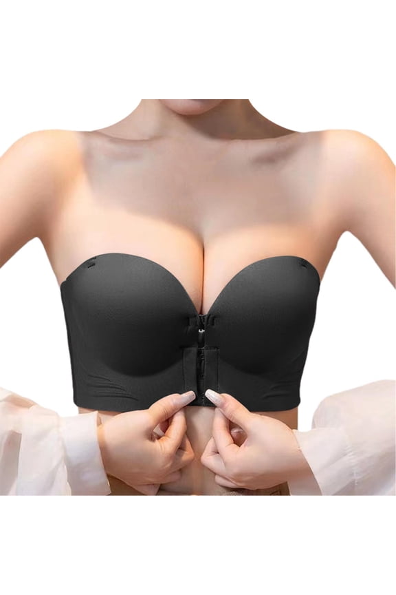 High Supportive Strapless Bras for Women Push up Front Closure Bralettes with Convertible Shoulder Straps Comfortable Wire-Free Smooth and Seamless Everyday Bra Black L