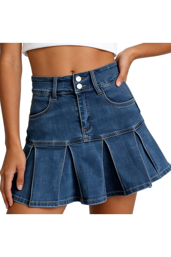Jean Ruffle Mini Skirts for Women Stretchy High Waisted Pleated Hem a Line Retro Denim Skirts Summer Casual Comfortable Flared Short Skirt for Daily Wear Blue L