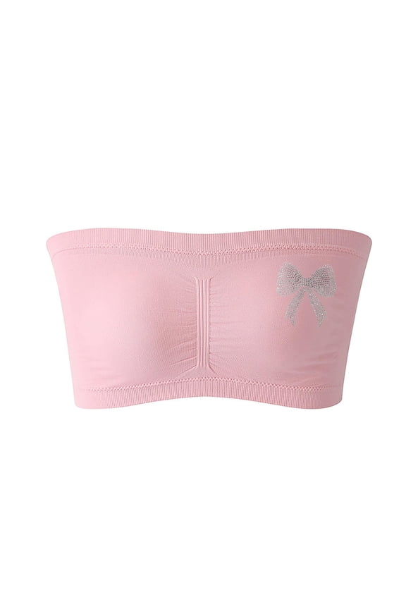 Plus Size Stretch Strapless Bras for Women Cute Bow Print No Underwire Sports Bandeau Bra Soft Support Comfort Breathable Front Ruffle Design Everyday Bralettes Pink XL