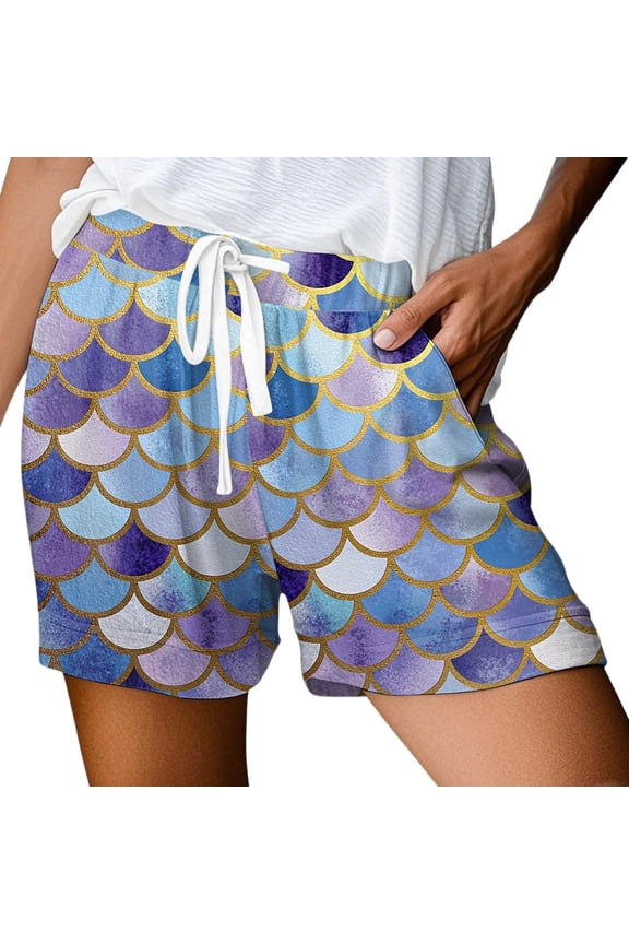 Summer Beach Scale Printed Shorts for Women Fashion Elastic Waist Relaxed Fit Wide Leg Short Pants with Pocket and Drawstring Design Loose Comfort Daily Wear 3-Light Purple S