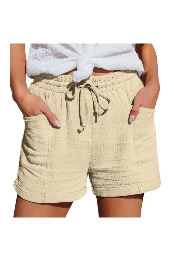 Summer Linen Shorts for Women High Waist Embroidered Loose Fit Straight Leg Mid Thigh Shorts Thin Breathable Casual Bohemian Style Beach Short Pants with Pockets 2-Beige L