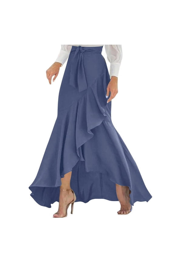 Summer Tie Waist Wrap Maxi Skirts for Women Elegant Adjustable High Waist Irregular Ruffle Hem Flowy A-Line Long Skirt Elegant Pure Color Lightweight Daily Wear Navy L
