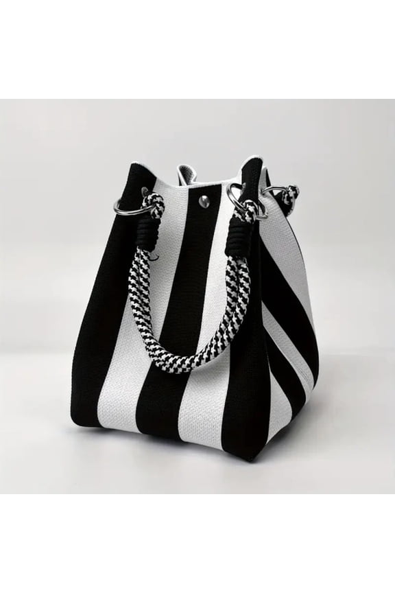 Vintage Stripe Color Block Knit Tote Bags for Women Fashion Simple Woven Bucket Bag Comfortable Durable Polyester Fixed Strap for Work & Commute Daily Use A One Size