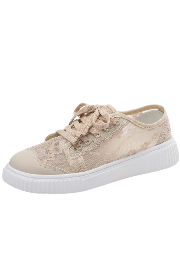 Women's Floral Breathable Sheer Mesh Sneakers Spring and Summer Cutouts Lace Casual Shoes Low Top Lace up Sneakers Fashion Platform Lightweight Walking Shoes Khaki 37