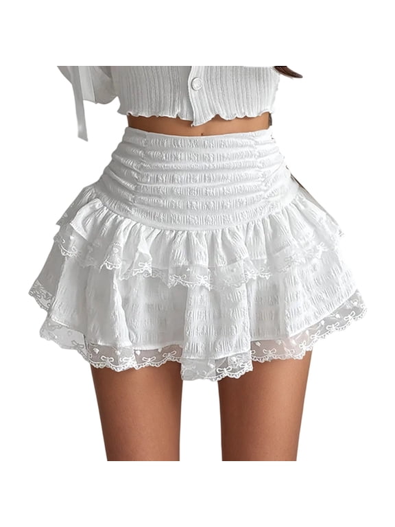 Women's Mini Ruffle Skirts Lace Pleated Layered Flared Flowy Tiered Elastic High Waisted Short Skirts Elegant Stylish Pure Color Skirt for Casual Daily Wear White S