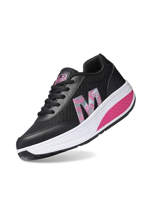 Women's Rocker Sneakers Platform Lace up Walking Athletic Shoes Fashion Comfortable Height Increasing Running Sport Shoes for Female Casual Lightweight Daily Wear Black 37
