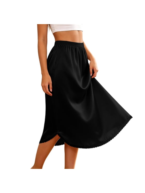 Women's Satin Half Slit Lace Midi Skirts Elastic High Waisted Elegant Lace Casual Underskirt Lightweight Soft Comfortable Below the Knee Solid Color Fall Skirts 1-Black XL