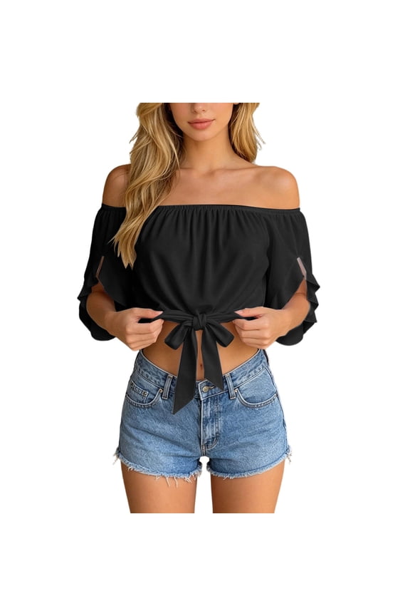 Womens Summer off the Shoulder Blouse Ruffle Split Half Sleeves Tie Front Flowy Going out Tops Elegant Elastic Loose Lightweight Breathable Solid Color Cropped T-Shirts Black XXL