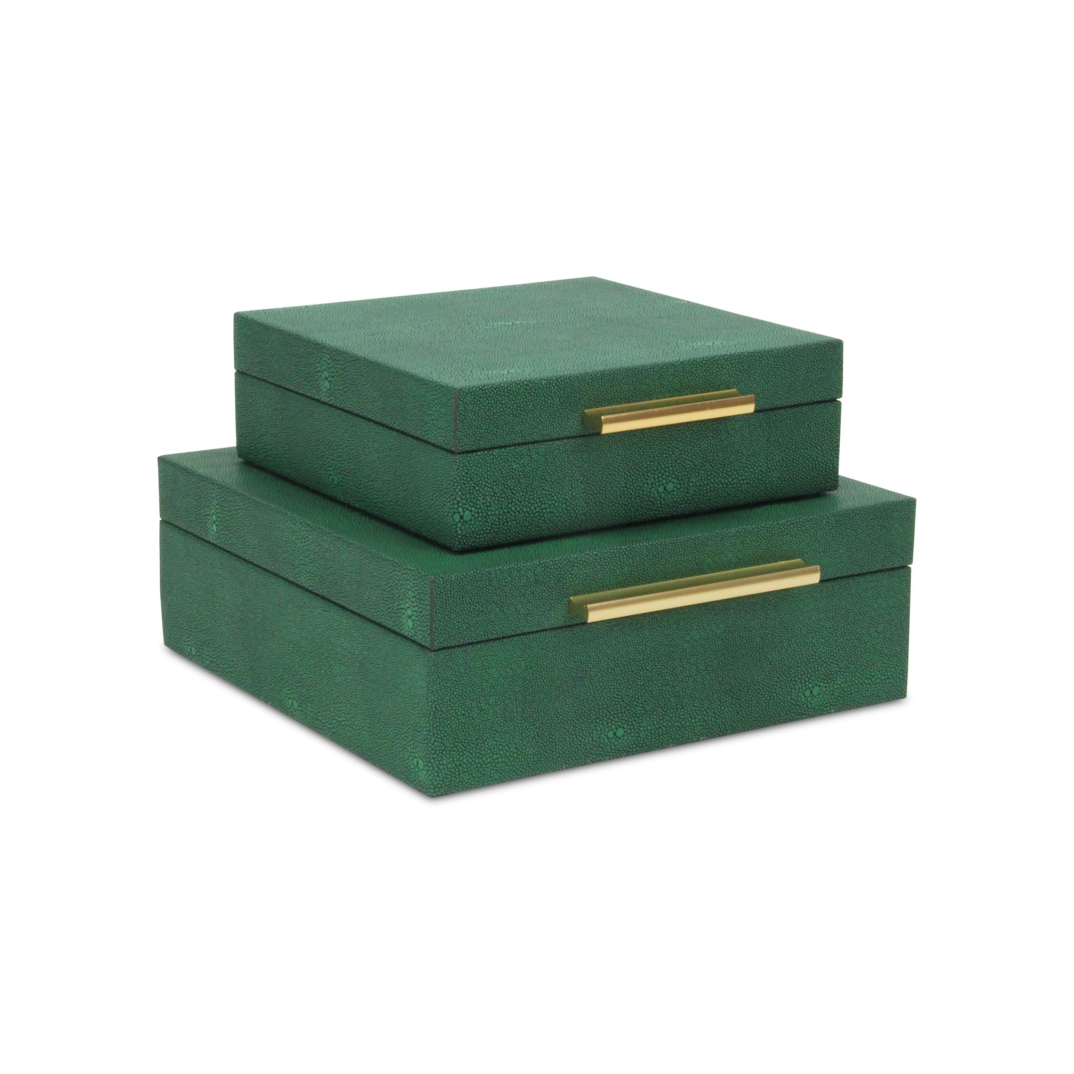 Green Faux Shagreen Lidded Decorative Box Set with Golden Handle