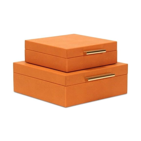 Lusan Square Decorative Storage Box Set - Orange Faux Shagreen - Set of 2 - Elegant Design