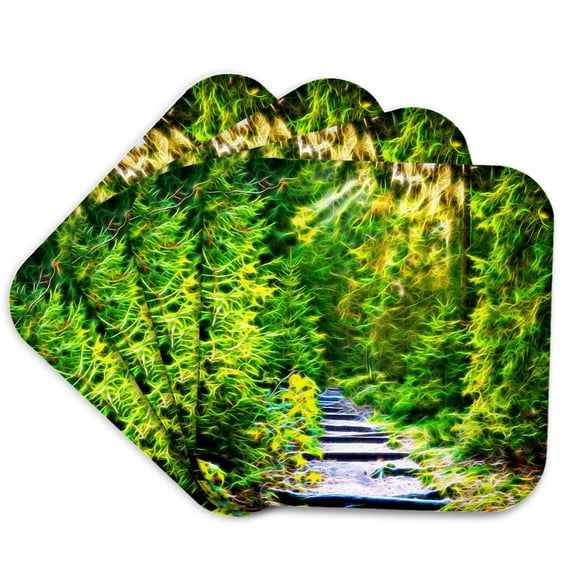 3drose, Luscious Pine Tree Lined Path Image of Light Infused Painting, Set of 4 Coasters - Soft