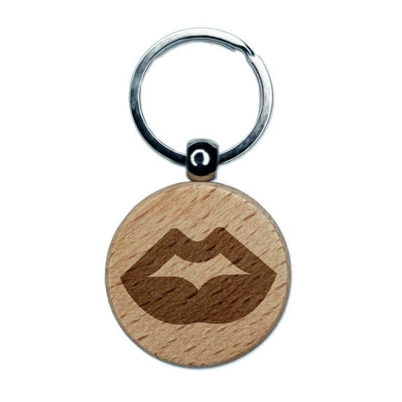 Luscious Plump Lips Round Keychain Charm Tag - Engraved Wood