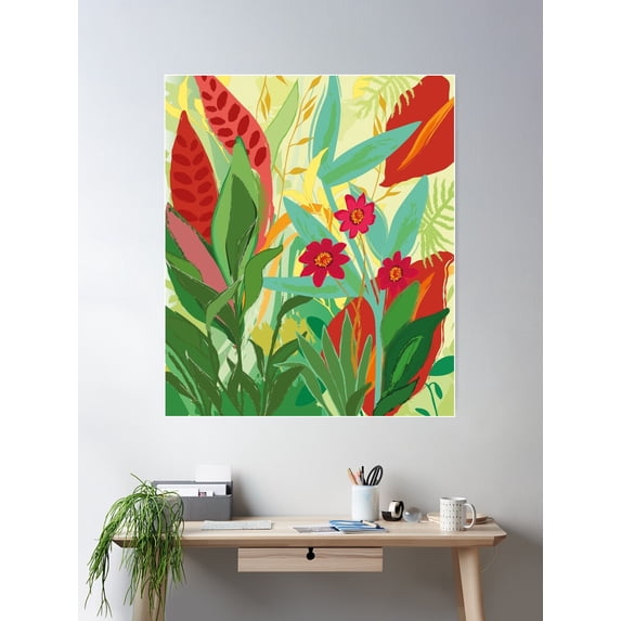 Lush Colorful Garden Illustration Poster Wall Art, Modern Wall Decor For Living Room Bedroom, 16x24 UNFRAMED