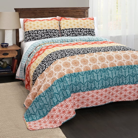 Lush Decor King Size Reversible Cotton Quilt Set, Bohemian Stripe, Turquoise/Orange, Includes Quilt, 2 Shams
