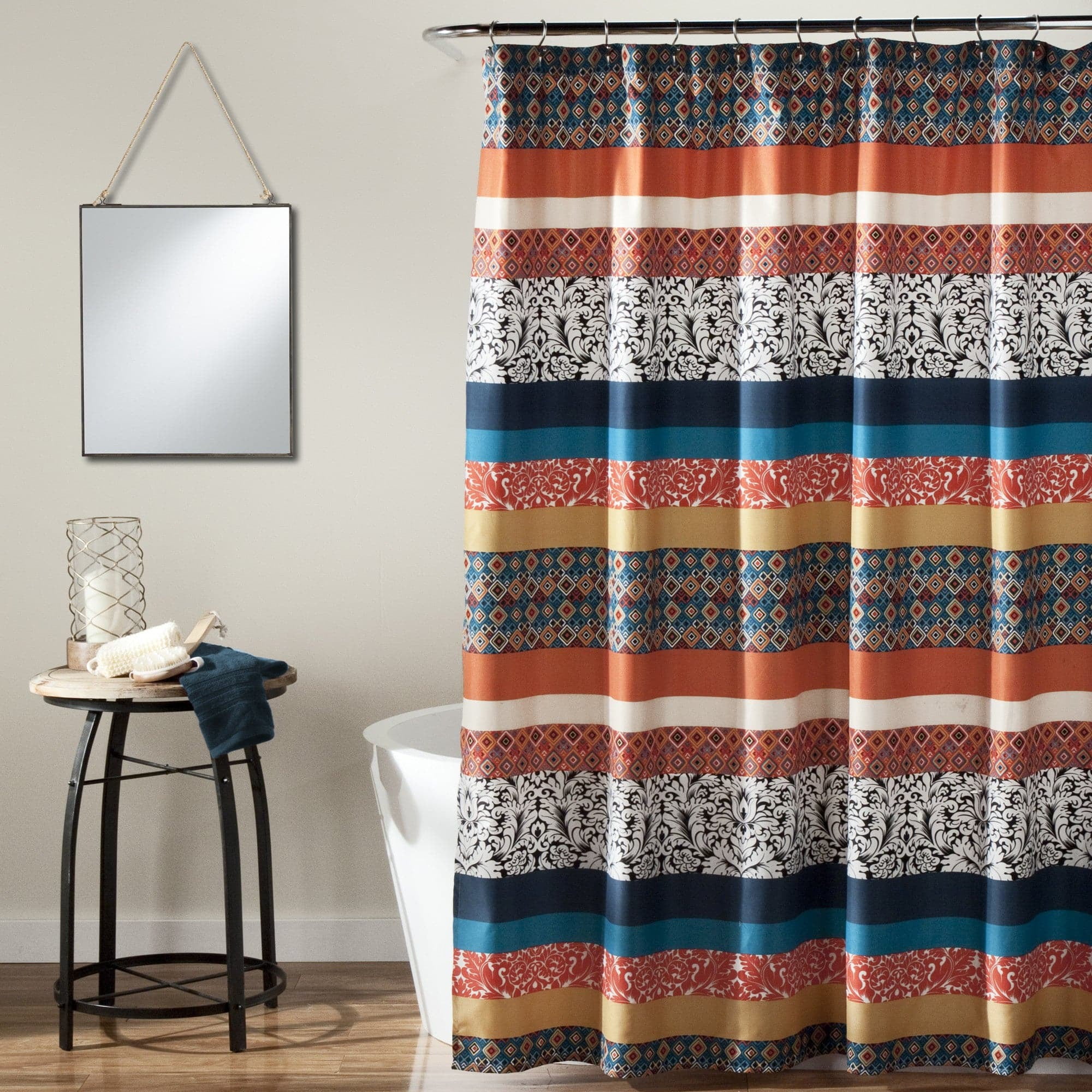 Boho Stripe Turquoise and Tangerine Fabric Shower Curtain