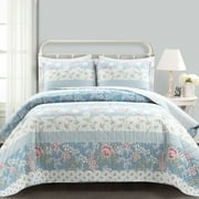 Lush D?cor Cottage Core Flower Stripe Oversized Reversible Cotton Quilt Blue/Dusty Pink 3Pc Set Full/Queen