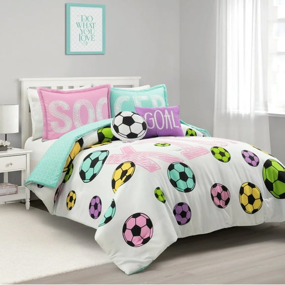 Lush D?cor Girls Soccer Kick Reversible Oversized Comforter White/Turquoise 5Pc Set Full/Queen