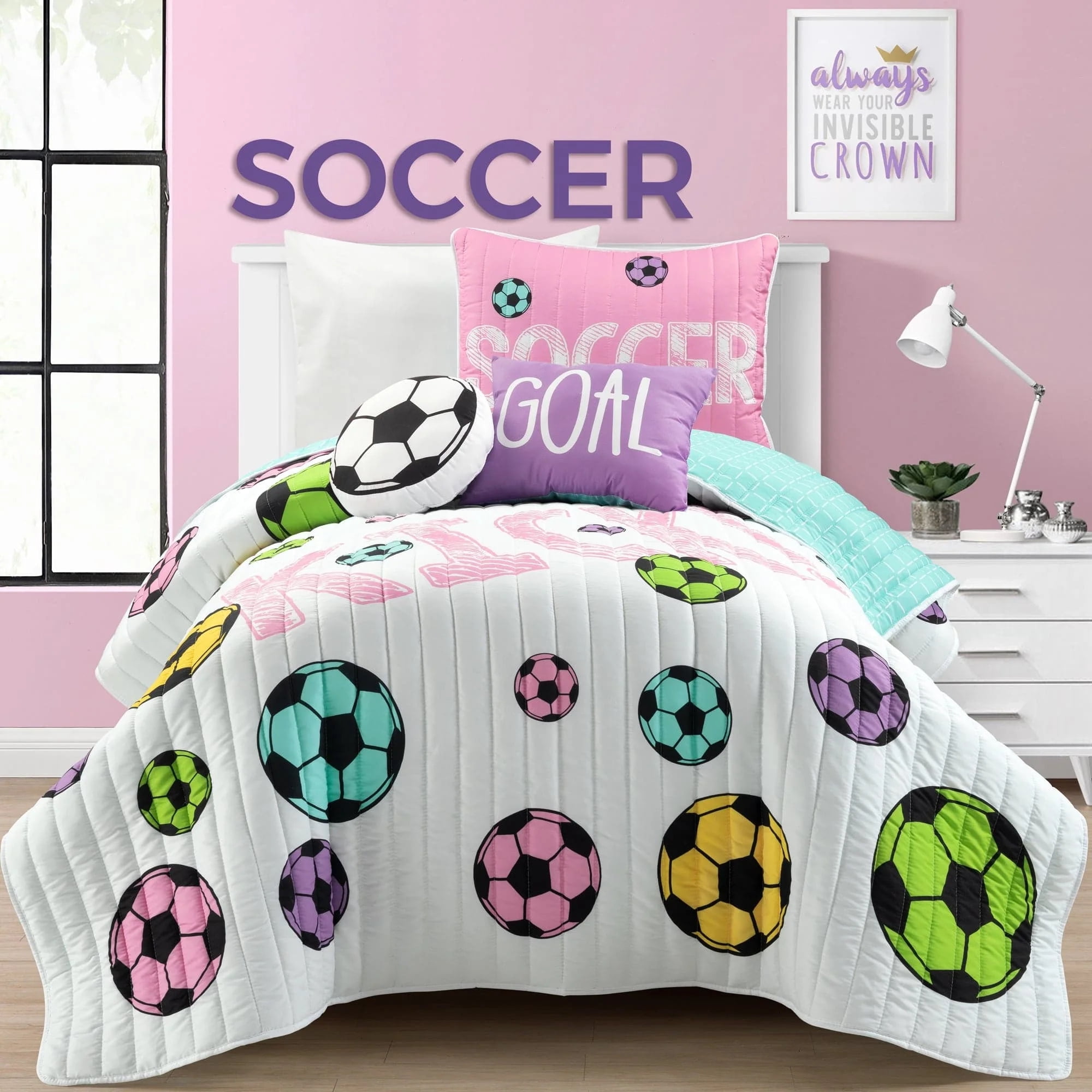 White and Turquoise Reversible Soccer Quilt Set with Pillows