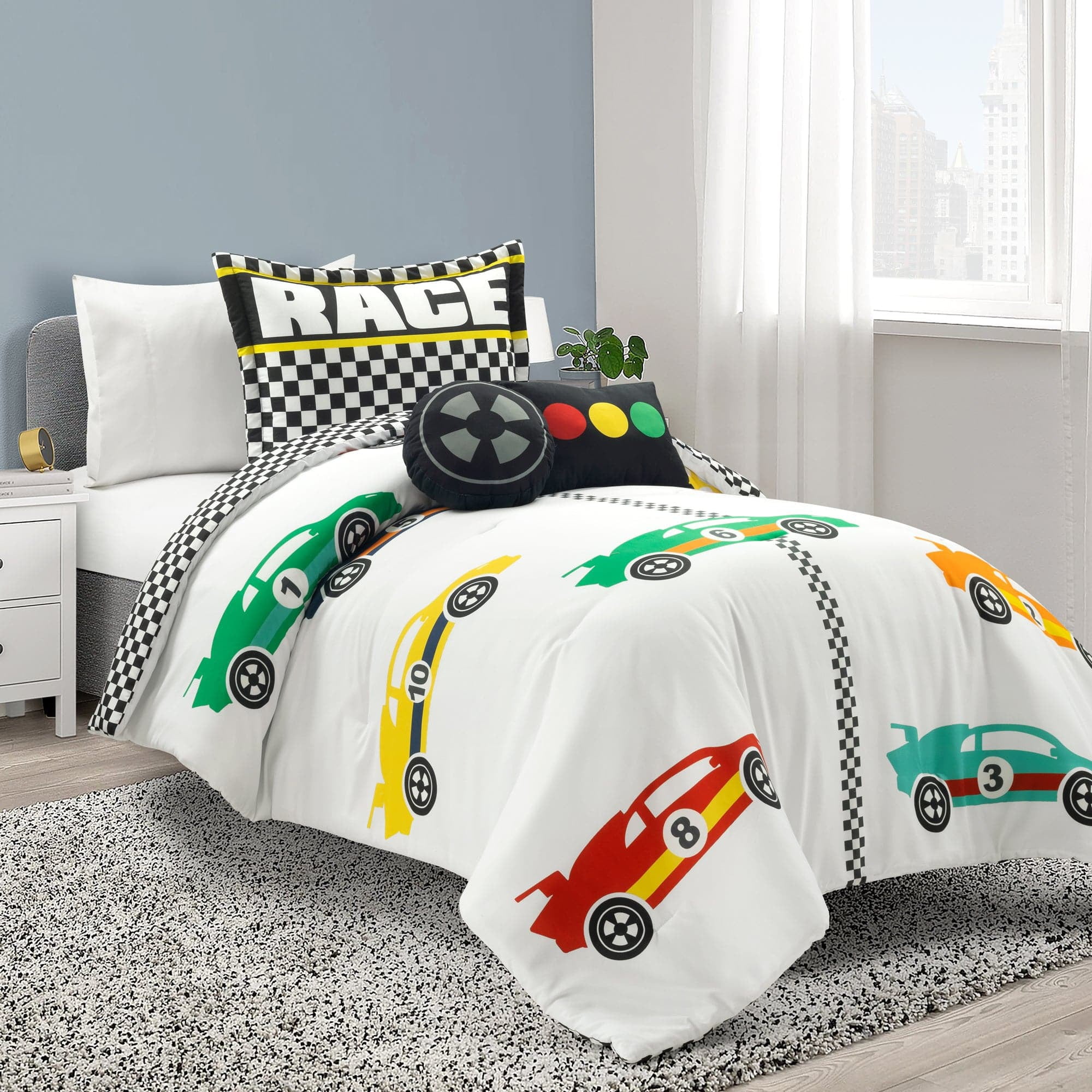 White Microfiber Twin Racing Cars Reversible Comforter Set