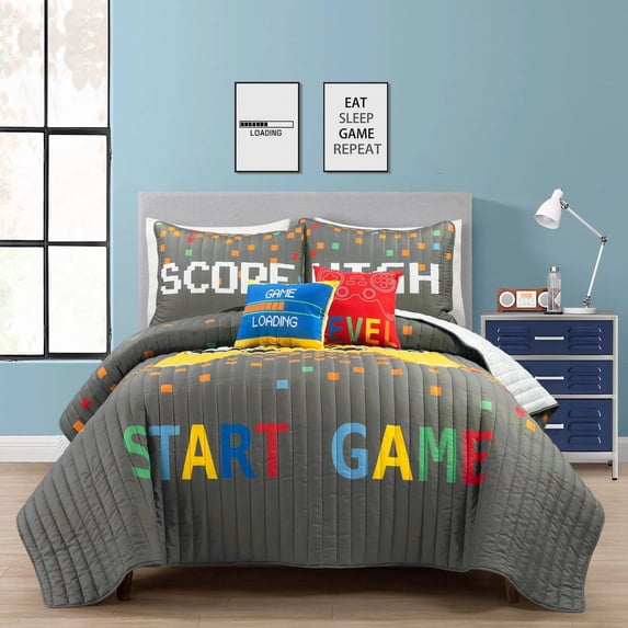 Lush D?cor Video Games Reversible Oversized Quilt Gray/Yellow 5Pc Set Full/Queen