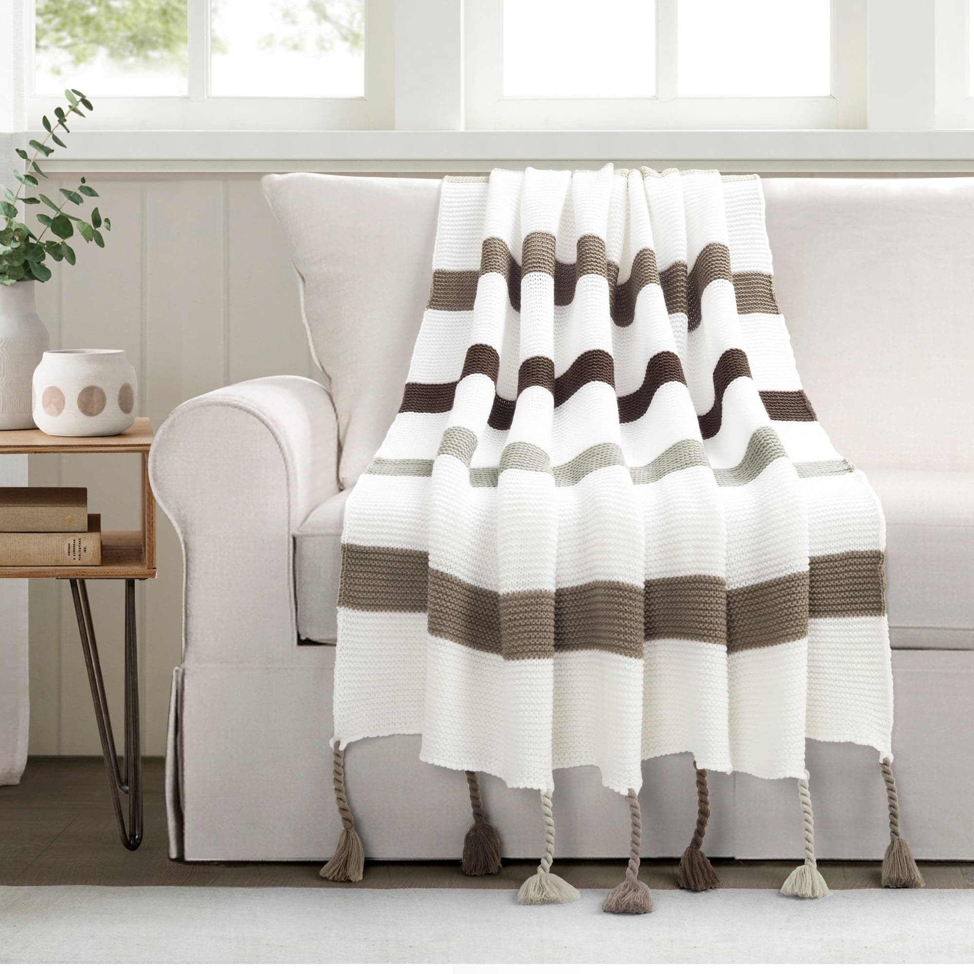 Neutral Striped Knitted Tassel Throw Blanket