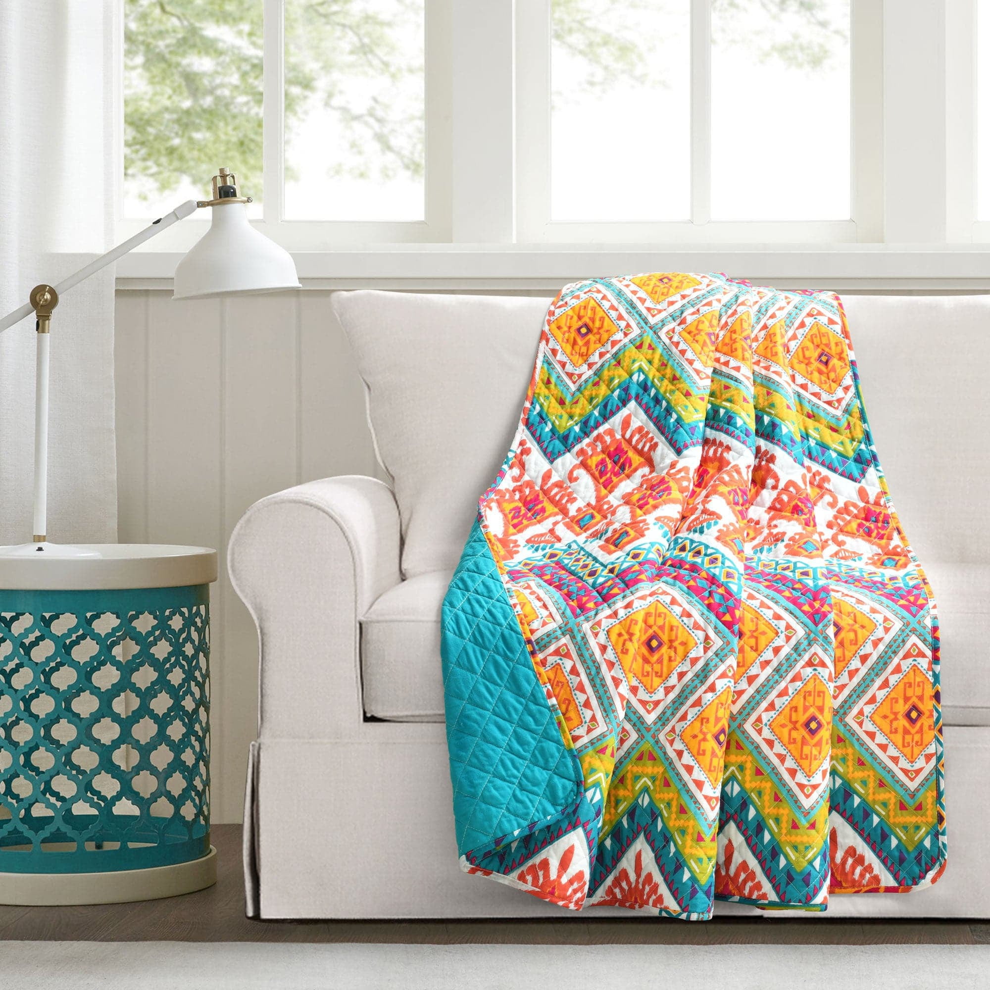 Turquoise Multicolor Cotton Reversible Boho Chevron Throw Blanket