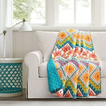 Lush Decor 100% Cotton Boho Chevron Reversible Cotton Throw Turquoise/Multi Single 50X60