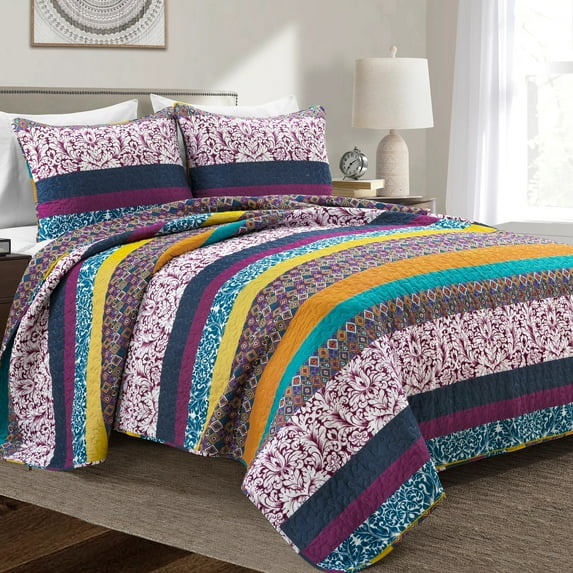 Lush Decor 100% Cotton Boho Stripe Reversible Cotton Quilt Plum/Yellow 3Pc Set Full/Queen