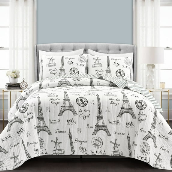 Lush Decor 100% Cotton Paris Bonjour Reversible Cotton Quilt Black/White 3Pc Set Full/Queen