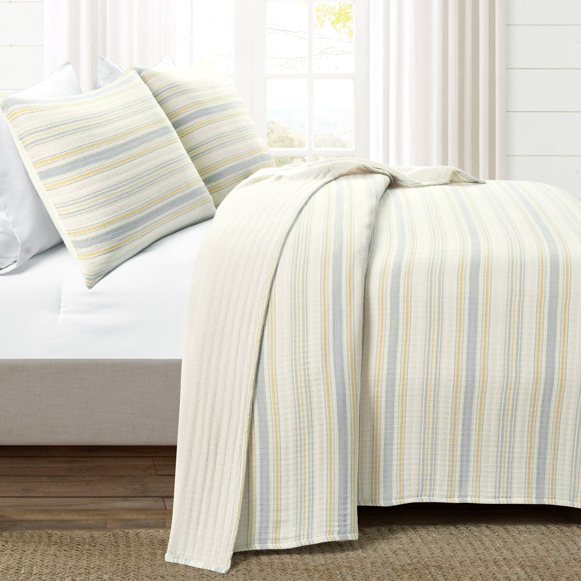 Lush Decor 100% Cotton Solange Stripe Kantha Pick Stitch Yarn Dyed Cotton Woven Quilt/Coverlet Yellow/Gray 3Pc King