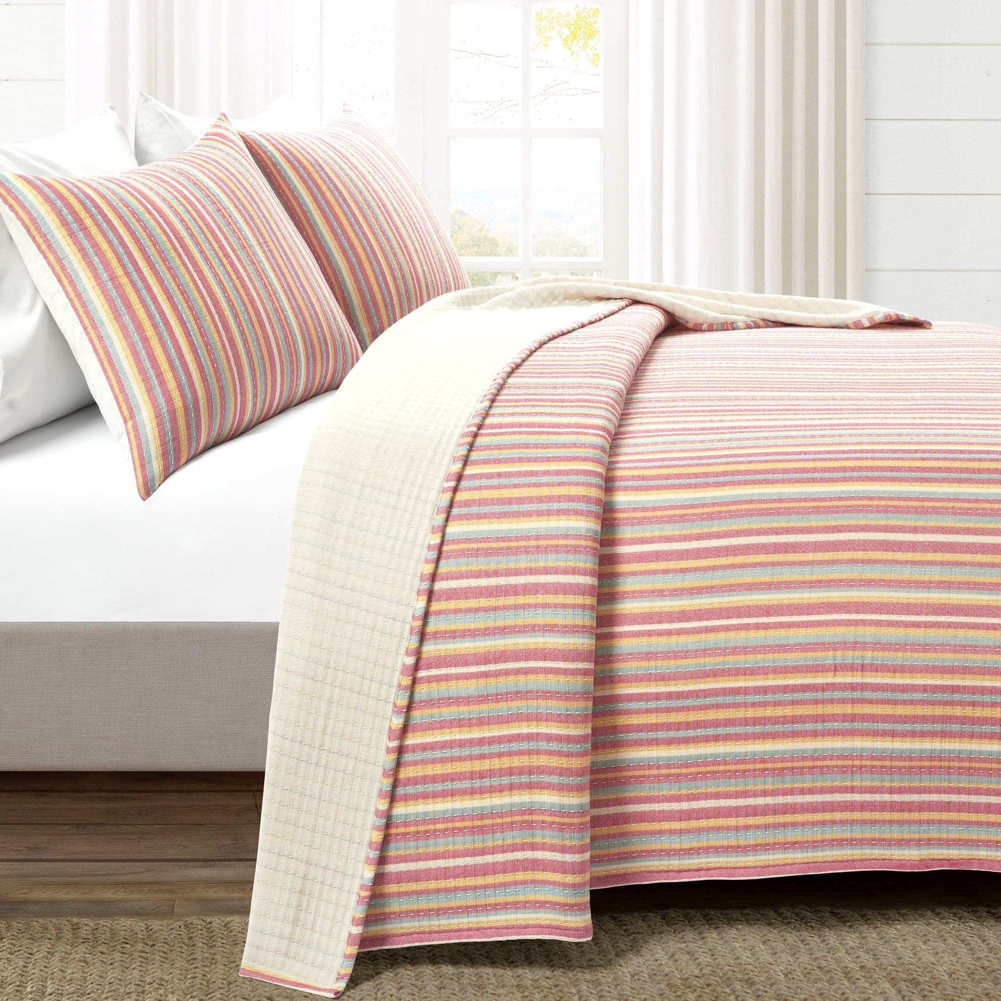 Lush Decor 100% Cotton Tracy Stripe Pick stitch Kantha Yarn Dyed Cotton Woven Quilt/Coverlet Rust/Yellow 3Pc King