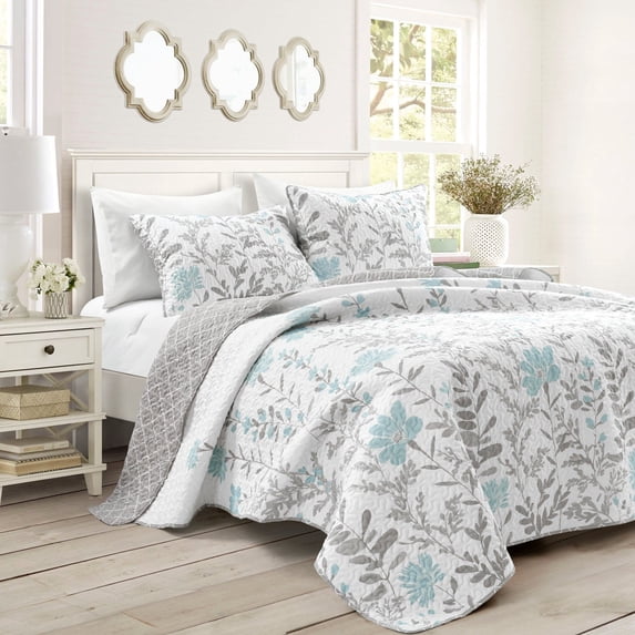 Lush Decor 100% Polyester Aprile Reversible Quilt Blue/Gray 3Pc Set Full/Queen