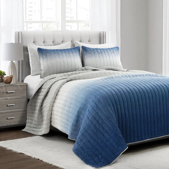 Lush Decor 100% Polyester Crinkle Ombre Quilt Navy/Gray 3Pc Set Full/Queen