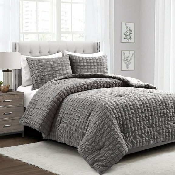 Lush Decor 100% Polyester Crinkle Textured Dobby Comforter Dark Gray 3Pc Set Full/Queen