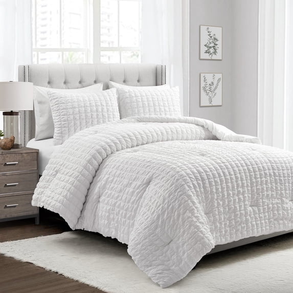 Lush Decor 100% Polyester Crinkle Textured Dobby Comforter White 3Pc Set Full/Queen