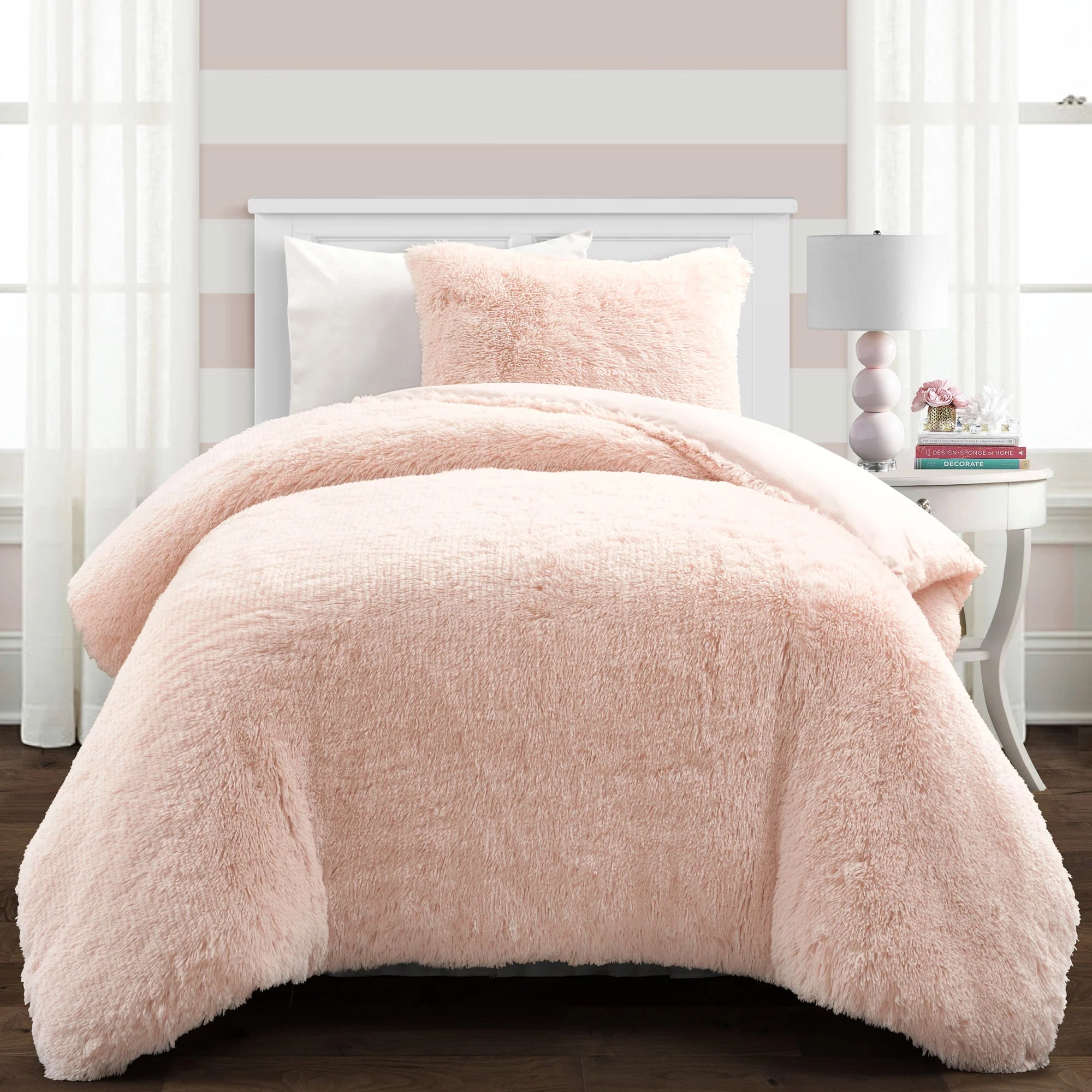Blush Twin Faux Fur Comforter Set with Pillow Sham