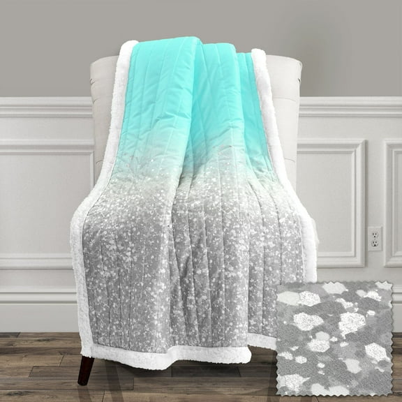 Lush Decor 100% Polyester Glitter Ombre Metallic Print Sherpa Throw Aqua/Gray Single 50x60